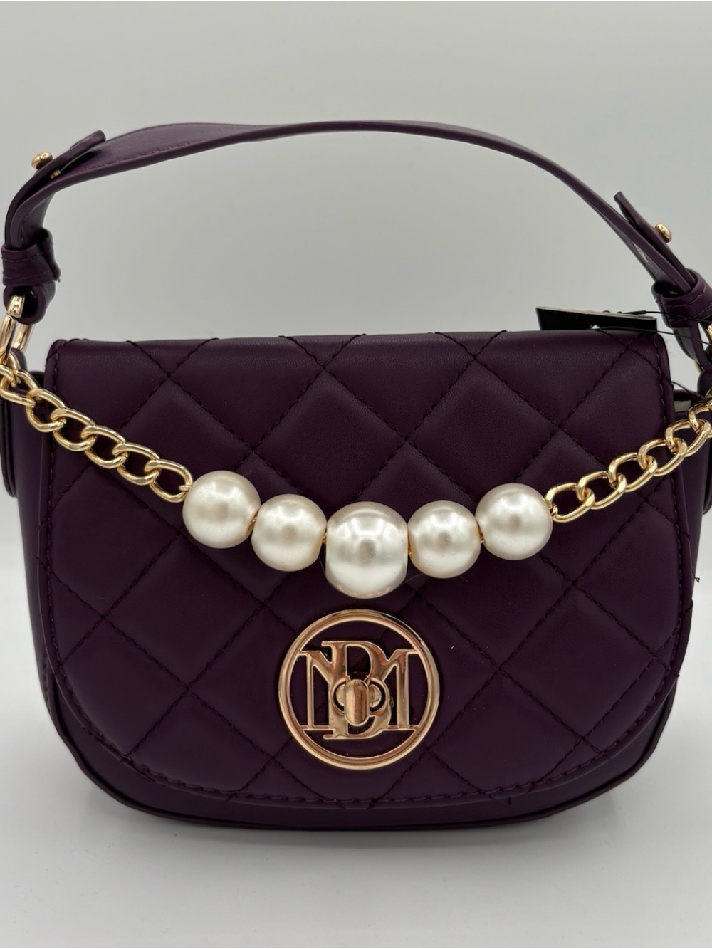 NWT Badgley Mischka Plum Handbag with Pearl Accents and Gold Hardware